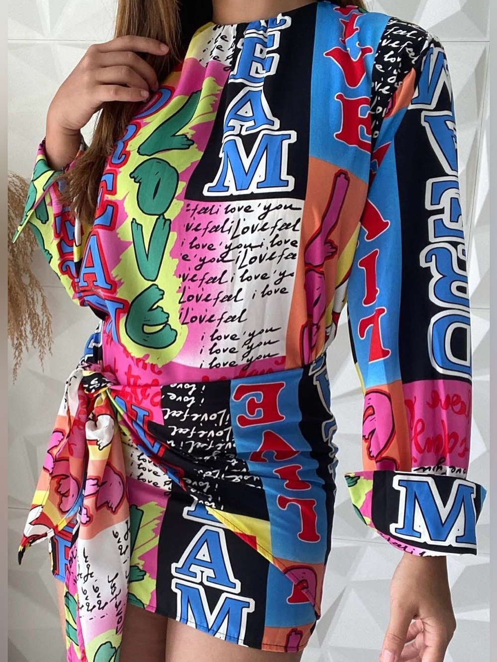 Bold 'DREAM LOVE' Graphic Tie-Front Dress